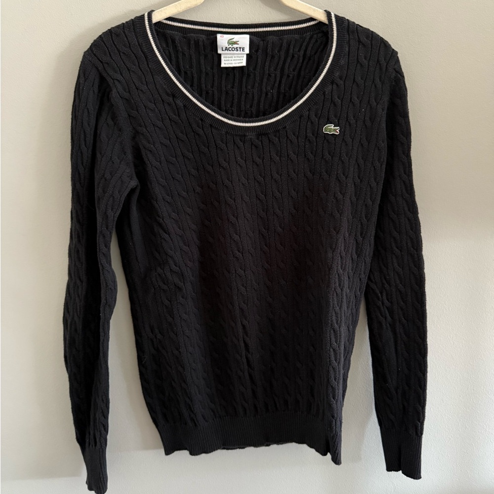 Lacoste Women's Black Cable Knit Crew Neck Sweater